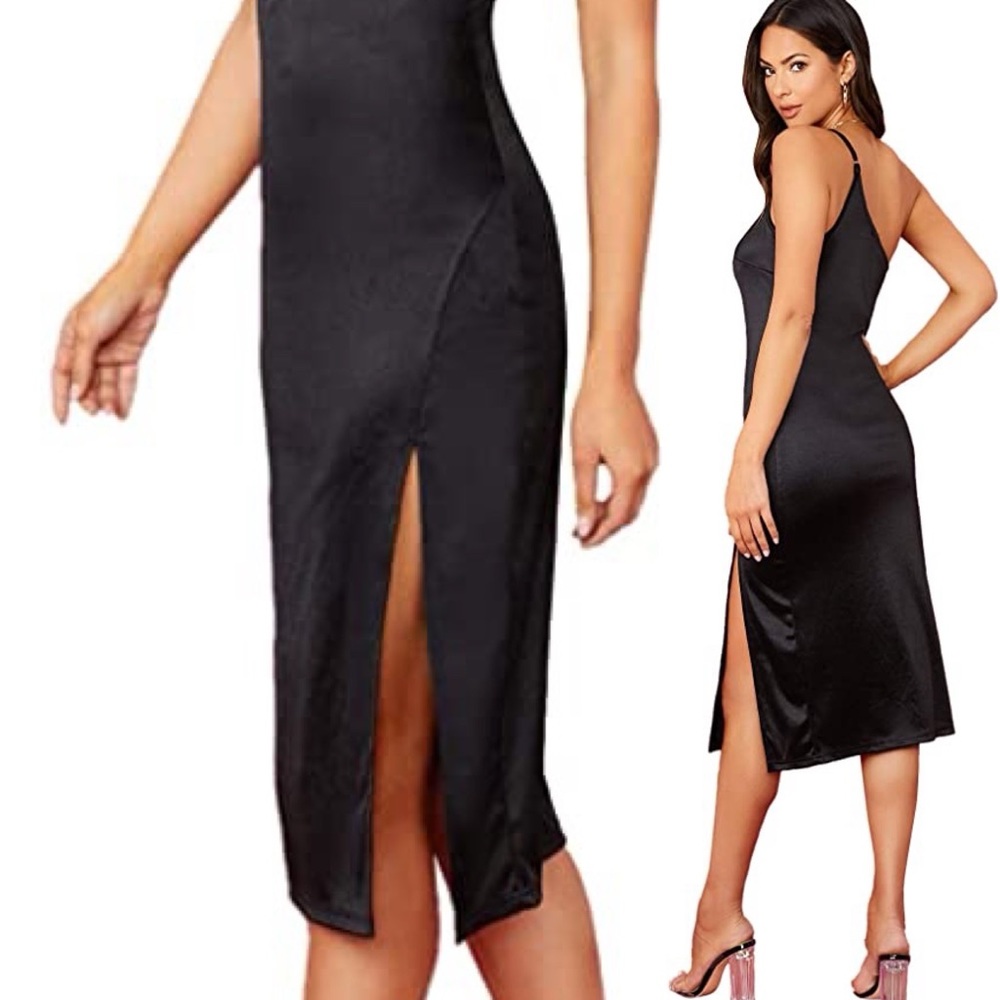 One Shoulder Sleeveless Split Hem Satin Party Cocktail Midi Dress